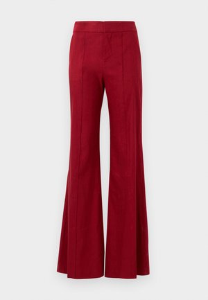 Red wide-leg trousers with a smooth texture and high waist, featuring front crease lines and a flowing silhouette.