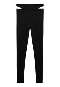 Leggings neri con design a vita alta, caratterizzati da un dettaglio anteriore attorcigliato e una texture liscia, che offrono una silhouette aderente.