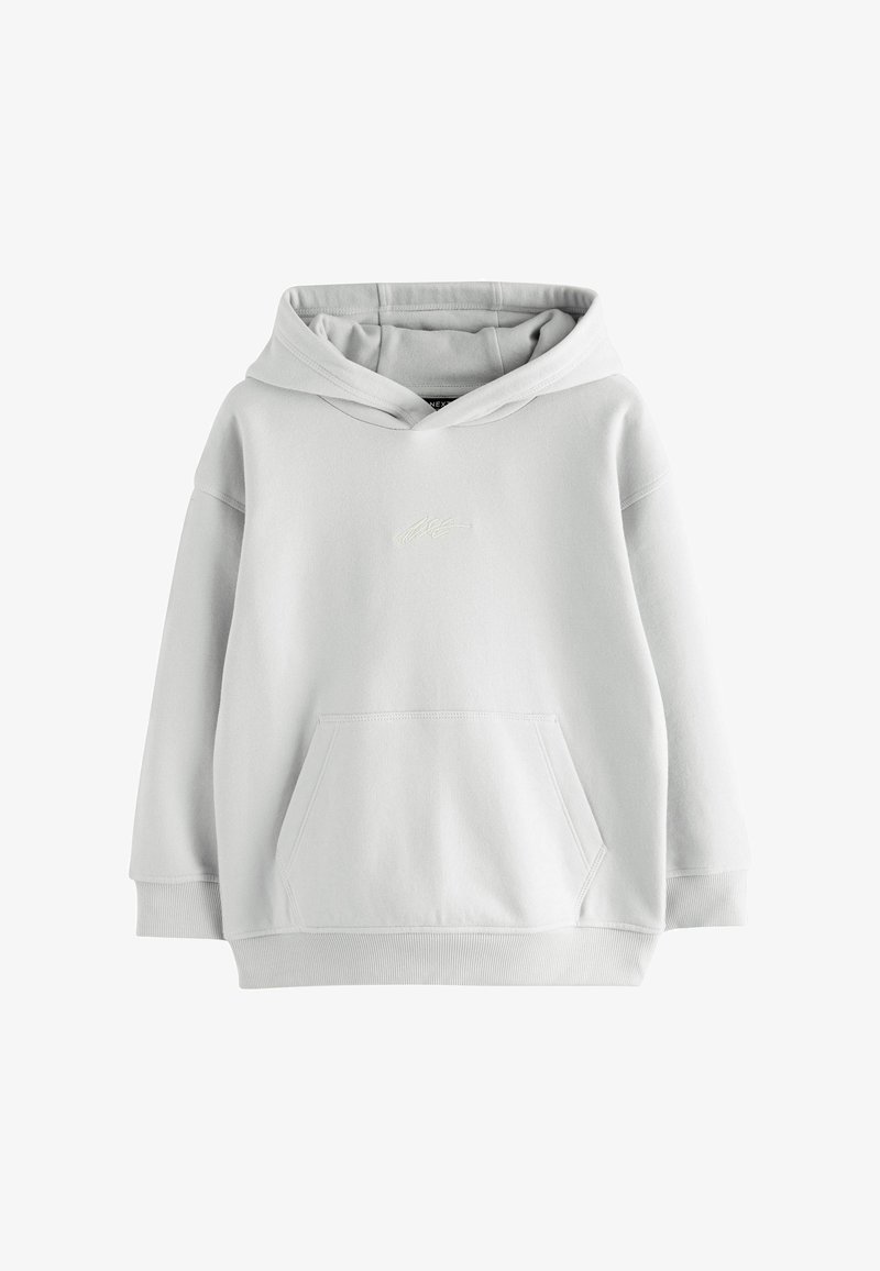 Hele halli kapuutsiga sweatshirth, mis on valmistatud pehmest kangast, sisaldab esi-taskut, soonikvage ja tikitud logo rinnal.