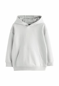 Hellgrauer Kapuzenpullover aus weichem Material, mit einer Fronttasche und gesticktem Logo. Entworfen mit einer lockeren Passform und gerippten Bündchen.