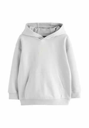 Hellgrauer Kapuzenpullover aus weichem Material, mit einer Fronttasche und gesticktem Logo. Entworfen mit einer lockeren Passform und gerippten Bündchen.