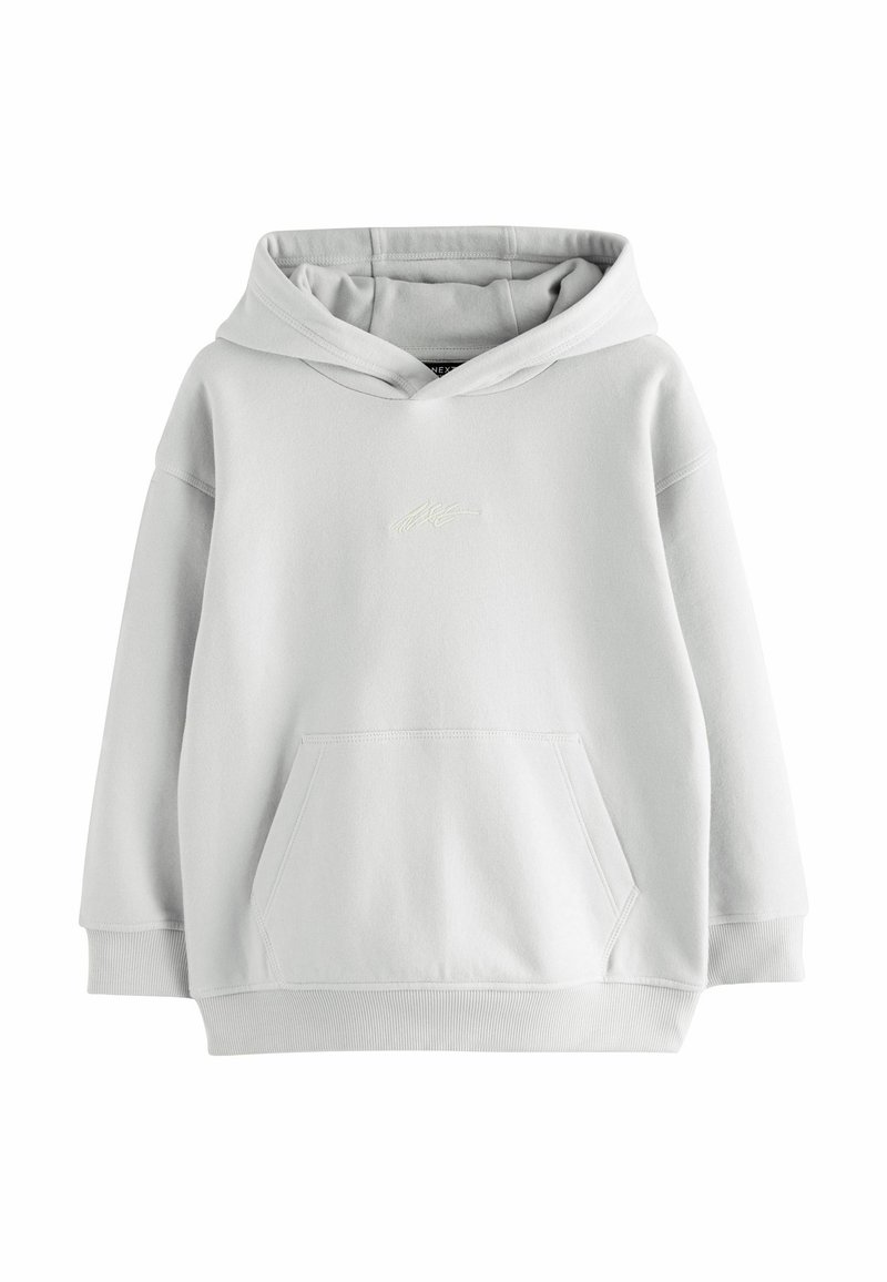 Hellgrauer Kapuzenpullover aus weichem Material, mit einer Fronttasche und gesticktem Logo. Entworfen mit einer lockeren Passform und gerippten Bündchen.
