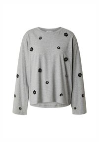 Grijze pullover van zacht materiaal, met lange mouwen en een ronde halslijn, versierd met zwarte bloemen sequins op de voorkant.