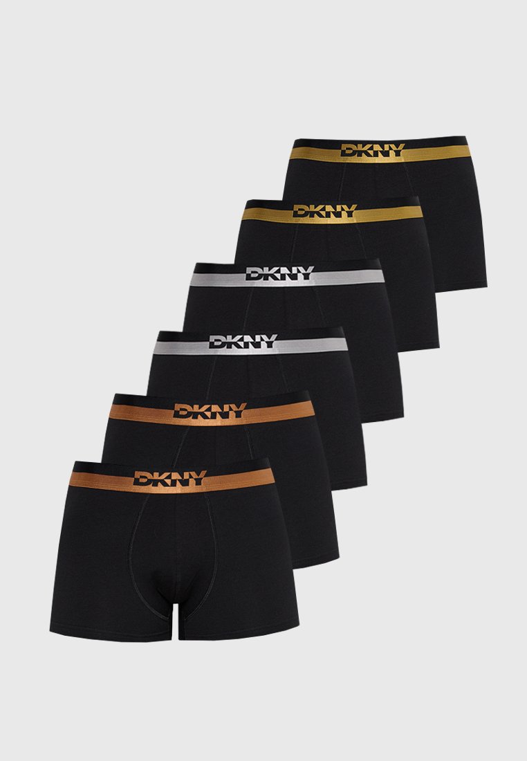 Sechs Paare schwarzer Boxershorts mit elastischen Taillenbändern in Gold, Silber und Braun. Der Stoff wirkt glatt und hat einen taillierten Schnitt.