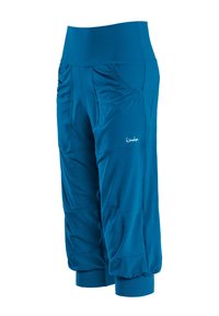 Pantalones capri deportivos azules, confeccionados en tejido ligero, que cuentan con una cinturilla ancha y bolsillos laterales fruncidos para un ajuste cómodo.