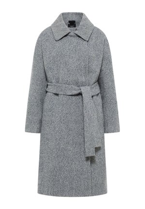 Grau melierter Wollmischmantel mit strukturierter Oberfläche, weiter Kragen, langen Ärmeln und Taillenbindung. Midilanger Schnitt mit minimalistischem Stil.