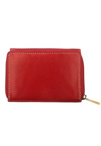 Red leather wallet with a smooth texture, zip closure, and contrasting stitching. Compact rectangular design with a gold accent zipper pull.