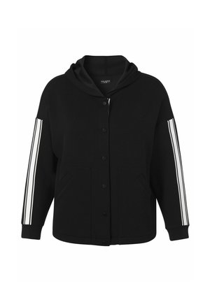 Schwarze Kapuzenjacke mit vorderen Knöpfen und weißen Doppelstreifen an jedem Ärmel, mit zwei aufgesetzten Taschen vorne und gerippten Bündchen.