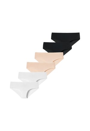 Sechs nahtlose Bikini-Unterhosen in Weiß, Beige und Schwarz, diagonal auf weißem Hintergrund angeordnet.