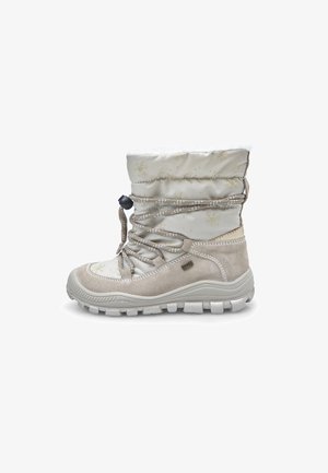 Schneestiefel in hellbeige mit gestepptem synthetischem Obermaterial, dekorativem Schneeflockenmuster, verstellbarem Schnürverschluss und Gummisohle mit Profil.