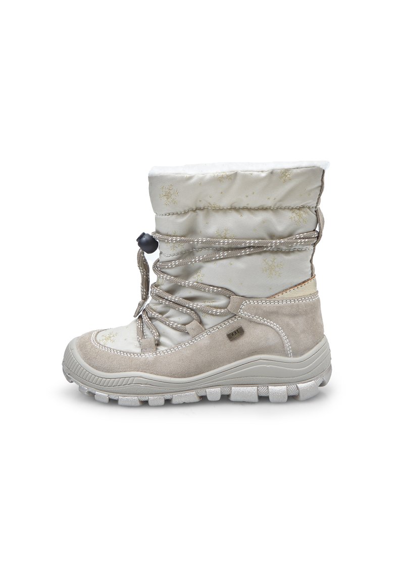 Bota de nieve en beige claro con parte superior sintética acolchada, patrón decorativo de copos de nieve, cierre de cordones ajustable y suela de goma con tracción.