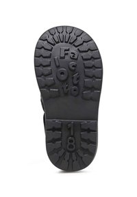 Suela de zapato de goma negra con un patrón texturizado que presenta surcos profundos y letras en relieve "F" y "18". Punta redondeada con bordes reforzados.
