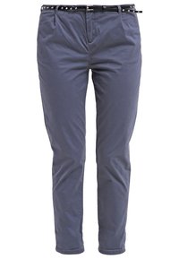 Pánské chinos v tmavě šedé barvě z bavlny, s úzkým střihem a hladkým předním dílem. Obsahují černý opasek se stříbrnými cvo�čky a dvě přední kapsy.