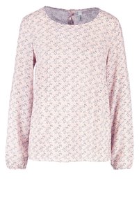 Blusa a maniche lunghe rosa chiaro con stampa floreale blu e grigia, scollatura rotonda e polsini elasticizzati per un fit rilassato.