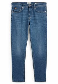 Vaqueros de mezclilla azul con corte recto, diseño de cinco bolsillos, cierre de botón y un ligero desvanecimiento. Costura reforzada en las costuras.