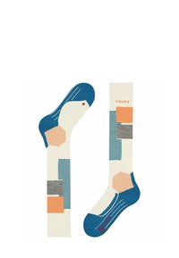 Patroon sokken met een crèmekleurige basis en geometrische ontwerpen in blauw, grijs en oranje; inclusief geribbelde manchetten en logo detail.