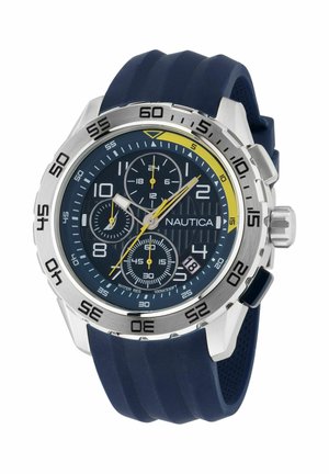 Montre Nautica avec un boîtier en acier inoxydable, un cadran bleu foncé, des accents jaunes, des sous-cadrans de chronographe et un bracelet en silicone bleu. Résistante à l'eau jusqu'à 100m.