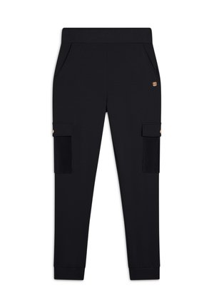 Pantalons cargo noirs avec une texture lisse, dotés de poches latérales et d'une taille ajustée. Accentué par de subtils détails en métal doré.