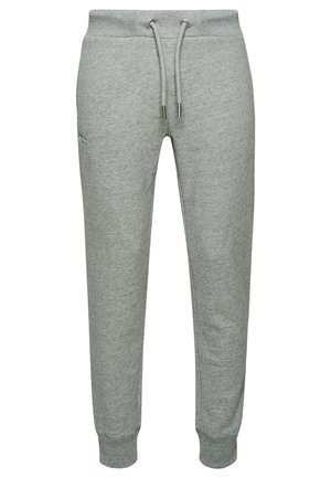 Jogger in cotone grigio con vita elasticizzata, chiusura con cordoncino e gambe affusolate. Tessuto morbido con un sottile motivo melange e polsini a costine.