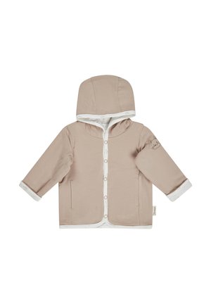 Béige Kapuzenjacke mit Druckknopfverschlüssen, weißen Akzenten und einer Katzenillustration auf dem Ärmel. Weicher Stoff mit einer glatten Textur.