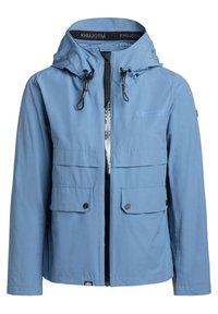 Light blue waterproof jacket with a hood, featuring two large front pockets, zipper closure, and adjustable toggles. Smooth texture.
