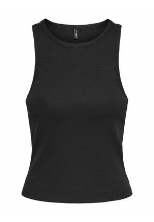 Sort ærmeløs ribstrikket tanktop med rund halsudskæring og tætsiddende talje, vist på hvid baggrund.