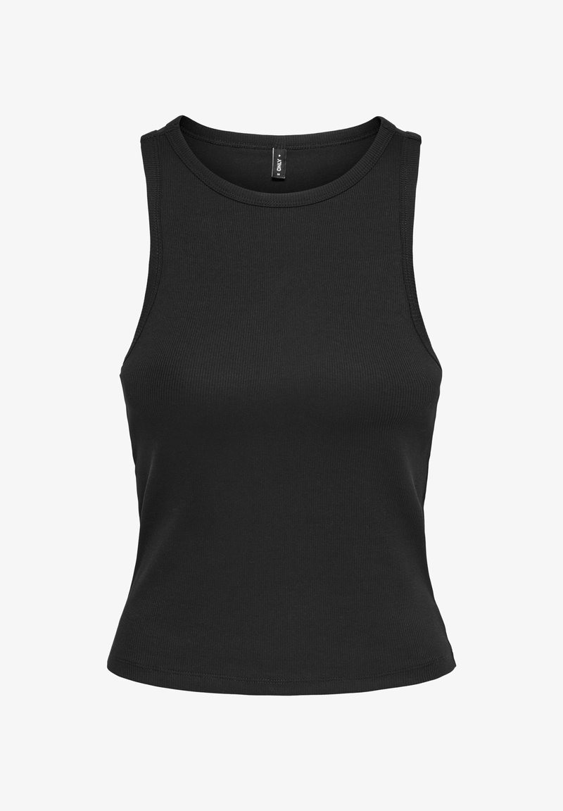 Débardeur côtelé noir sans manches avec un col rond et une taille ajustée, présenté sur fond blanc.