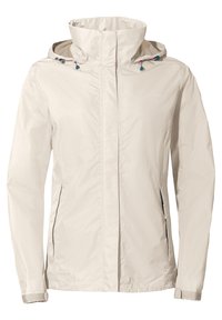 Veste imperméable beige clair avec col montant, capuche ajustable, fermeture éclair frontale et poches latérales. Texture lisse avec une légère brillance.