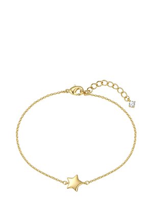 Pulsera de cadena de oro con un pequeño charm en forma de estrella en el centro y cierre ajustable que presenta una pequeña piedra preciosa transparente al final.