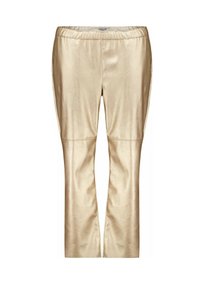 Beige faux leren broeken met een gladde textuur, elastische tailleband en recht gesneden ontwerp, met minimale naden en geen extra versieringen.