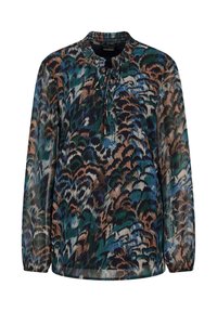 Blusa fluida a maniche lunghe in tessuto trasparente caratterizzata da un motivo astratto multicolore con tonalità di verde, blu e marrone. Collo rotondo con dettaglio a fiocco.