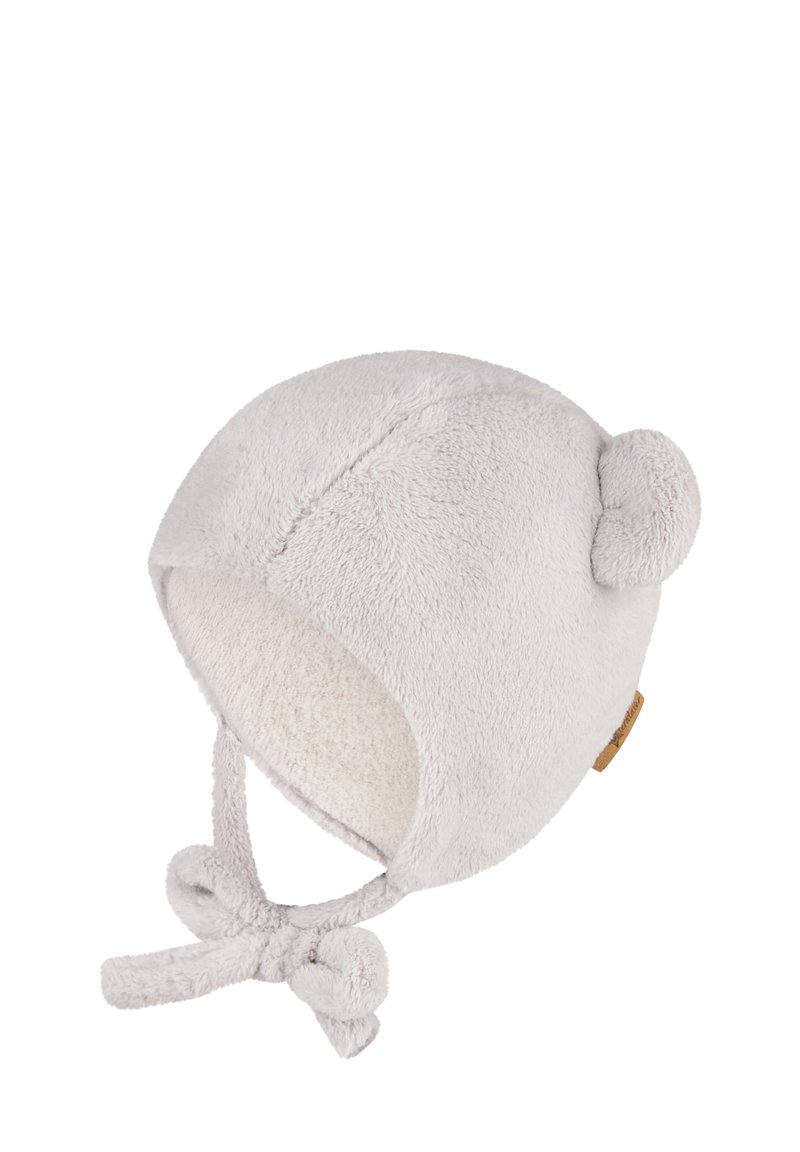 Soft, light gray baby hat with ear flaps, small rounded ears on top, and adjustable tie straps under the chin.