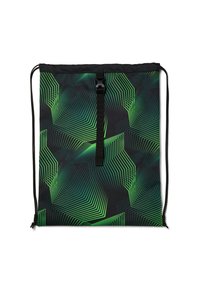 Drawstring bag featuring a geometric green and black pattern, made from fabric with a smooth texture, and secured with a black strap and buckle.