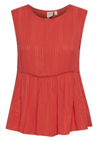 Blusa sin mangas roja hecha de tela ligera con cuello redondo, diseño plisado y sutiles rayas verticales. Detalle decorativo en la cintura.