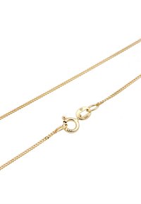 Gouden ketting met een delicate gedraaide design. Bevat een ronde sluiting met gravures, een gladde textuur en een glanzende afwerking.