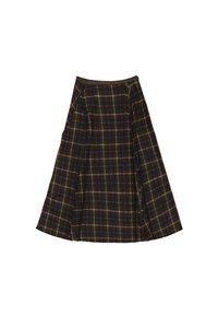 Sukňa v strihu A po kolená s tmavohnedou, béžovou a červenou károvanou potlačou, so subtilným rozšíreným tvarom a postrannými švami.