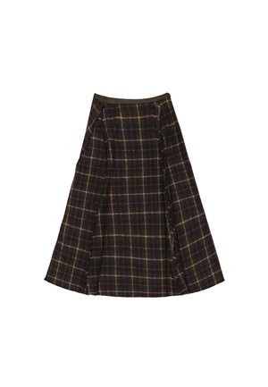 Falda A-line hasta la rodilla con un patrón de cuadros en marrón oscuro, beige y rojo, que presenta una forma ligeramente acampanada y costuras laterales.