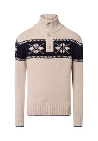 Beige gestrickter Pullover mit navyblauem geometrischem Muster über der Brust und an den oberen Ärmeln, gerippter hoher Kragen und drei vorderen Knöpfen.