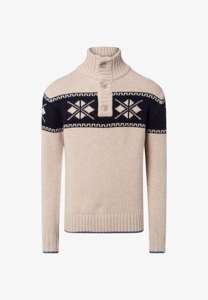 Beżowy sweter robiony na drutach z granatowym geometrycznym wzorem na klatce piersiowej i górnej części rękawów, żebrowanym wysokim kołnierzem i trzema guzikami z przodu.