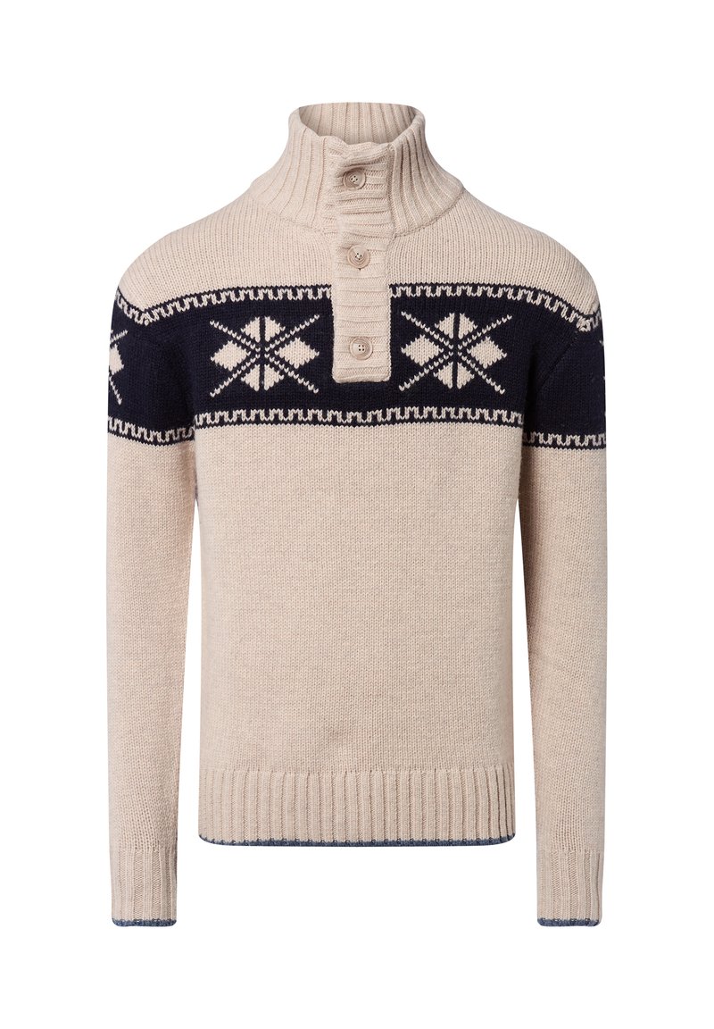 Beige gestrickter Pullover mit navyblauem geometrischem Muster über der Brust und an den oberen Ärmeln, gerippter hoher Kragen und drei vorderen Knöpfen.