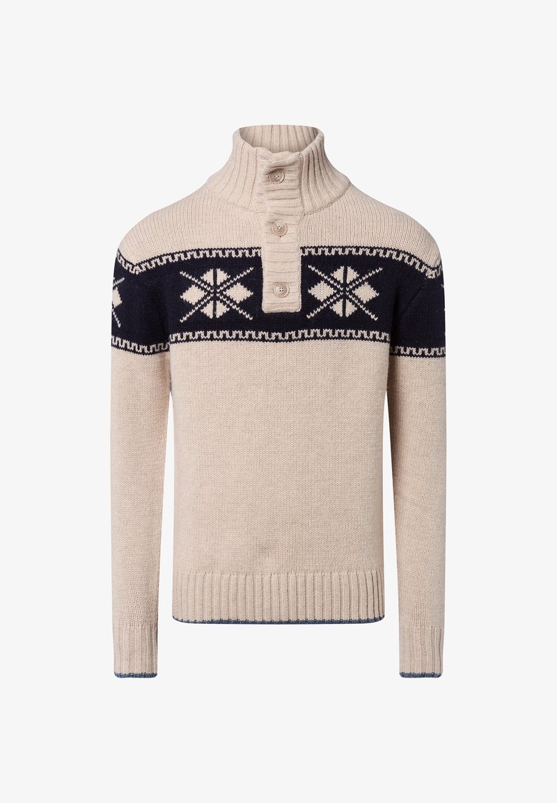 Beige knitted sweater with navy geometric pattern across chest and upper sleeves, ribbed high collar, and three front buttons.