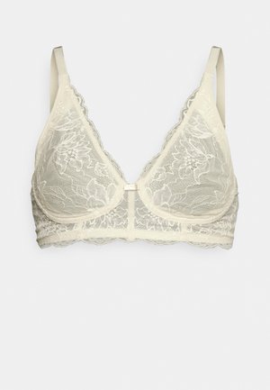 Lace bralette in soft cream with scalloped edges, non-padded triangular cups, and a thin central band featuring a small metallic clasp.