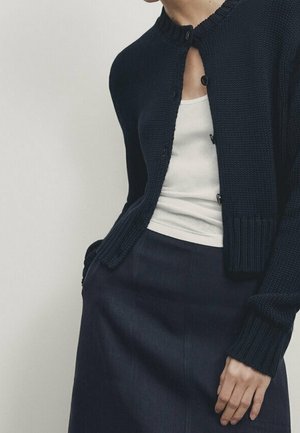 Person wearing a navy blue buttoned cropped cardigan over a white tank top and a navy high-waisted skirt, hand resting by side.