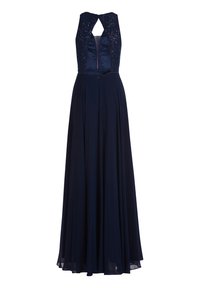 Marineblaue Robe mit ärmellosem Design, einem mit Pailletten verzierten Oberteil, tiefem V-Ausschnitt im Rücken und einem fließenden, bodenlangen Rock mit Falten.