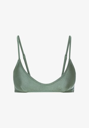 Green, glittery bralette with thin adjustable straps and a triangle shape, featuring a smooth texture and minimal coverage design.