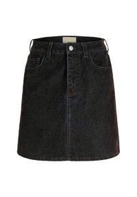Svart denimkjol med en lätt A-linjeform, med knappstängning fram, bälteslås och två sidofickor. Texturerat tyg med minimal detaljering.