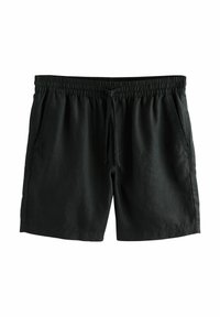 Black shorts made of lightweight fabric with an elastic waistband, drawstring, and side pockets; smooth texture with no visible pattern.