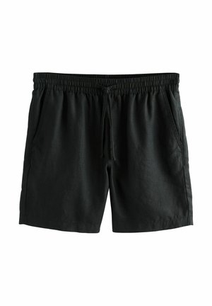 Shorts noirs en tissu léger avec une taille élastique, un cordon de serrage et des poches latérales ; texture lisse sans motif visible.