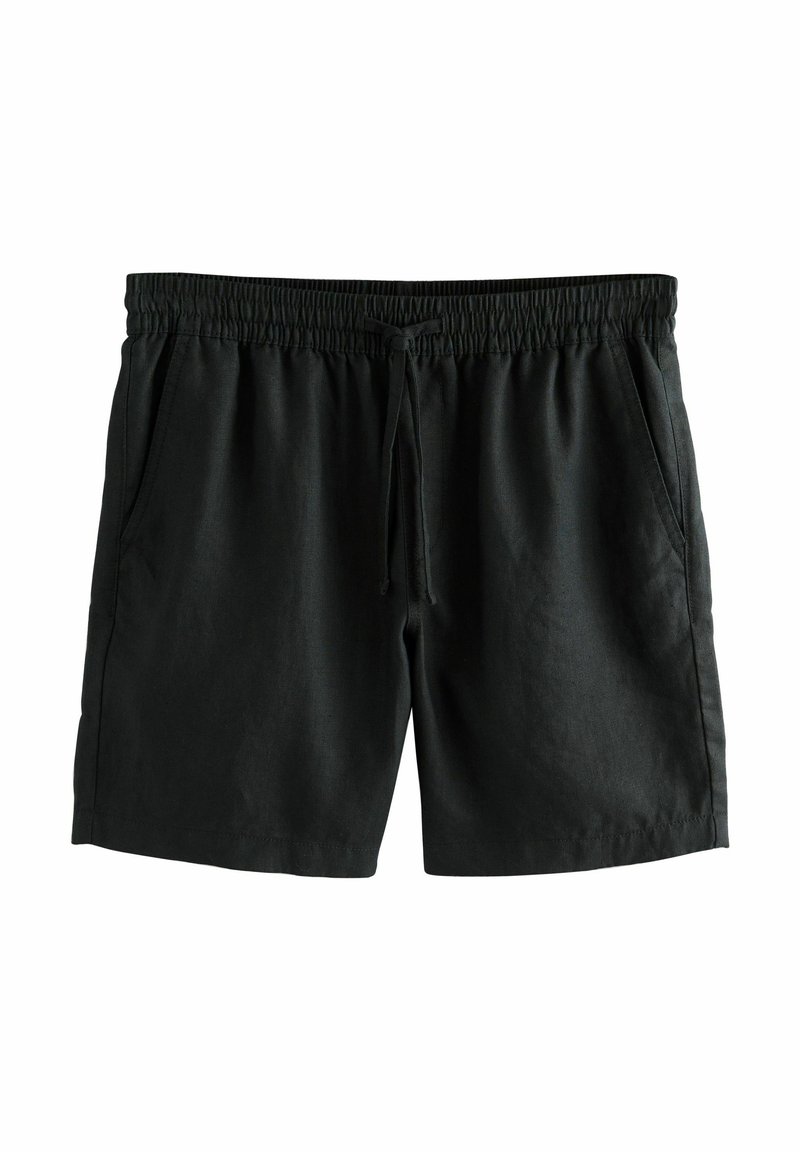 Black shorts made of lightweight fabric with an elastic waistband, drawstring, and side pockets; smooth texture with no visible pattern.