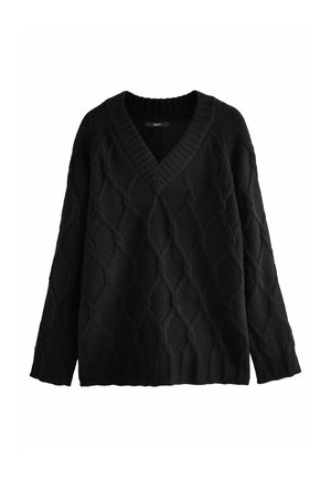 Pulover negru tricotat, cu decolteu în V, model texturat în formă de diamant, mâneci lungi și tiv rib interior. Fabricat dintr-un material gros și confortabil.